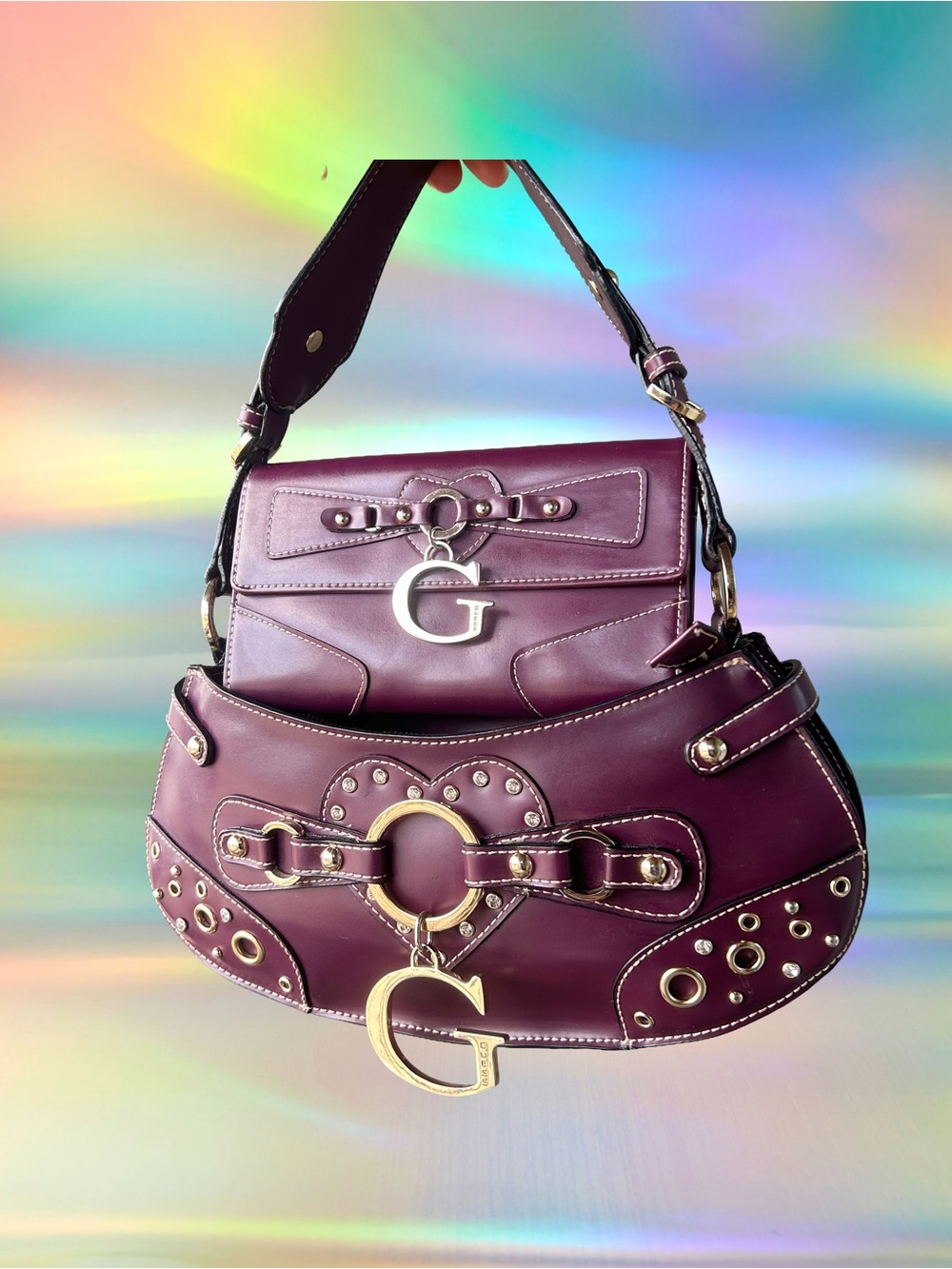 RARE VINTAGE Guess BURGUNDY Faux-Leather Shoulder Bag with matching wallet